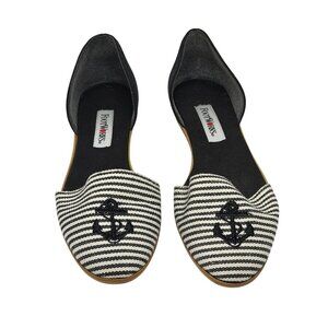 FootWorks Womens D'orsey Flats Black White Stripe Anchor Nautical Slip  On Shoes